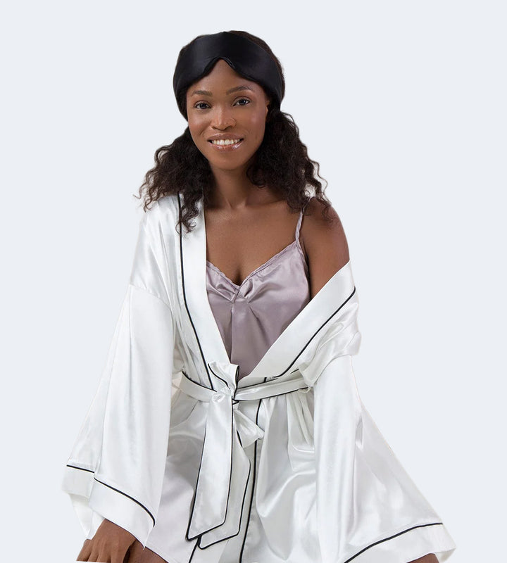 Kimono & Sabahlık Beyaz + %100 İpek Uyku Maskesi Göz Bandı Siyah