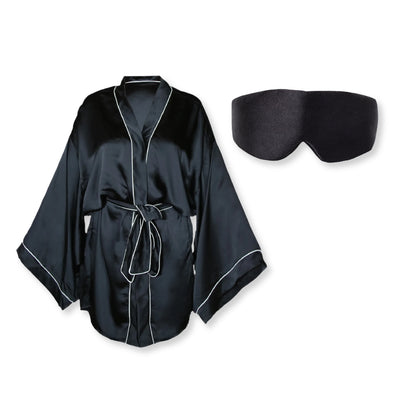 Siyah Kimono & Sabahlık Siyah + %100 İpek Siyah Uyku Maskesi Göz Bandı Seti