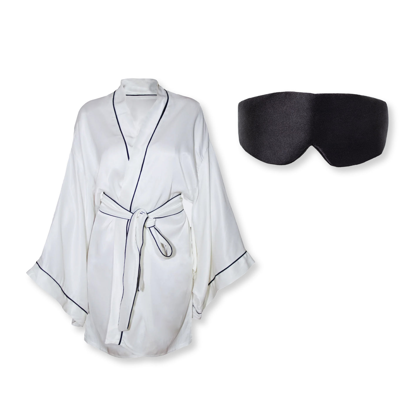 Kimono & Sabahlık Beyaz + %100 İpek Uyku Maskesi Göz Bandı Siyah Seti