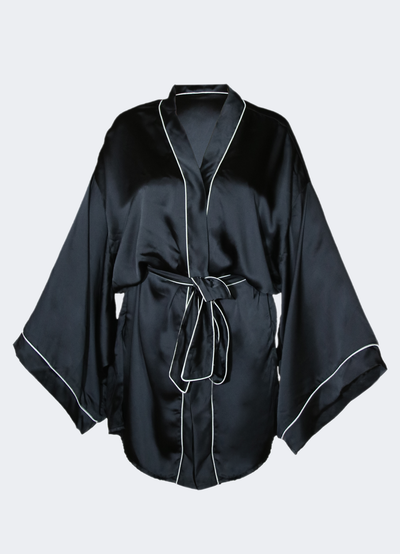 Siyah Kimono & Sabahlık Siyah + %100 İpek Siyah Uyku Maskesi Göz Bandı Seti